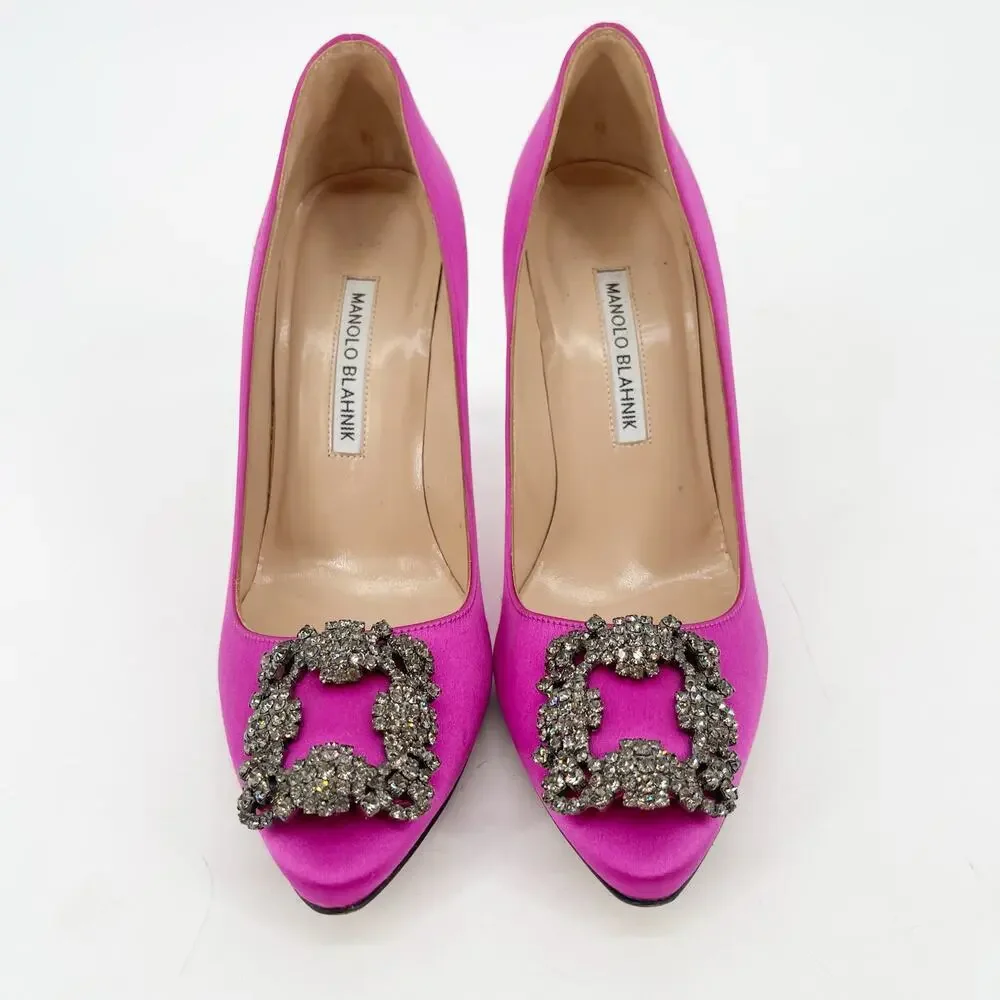 Manolo Blahnik Fuchsia Hangisi Satin Pointed Toe Crystal Detailed Pump IT 37.5 - Picture 5 of 12